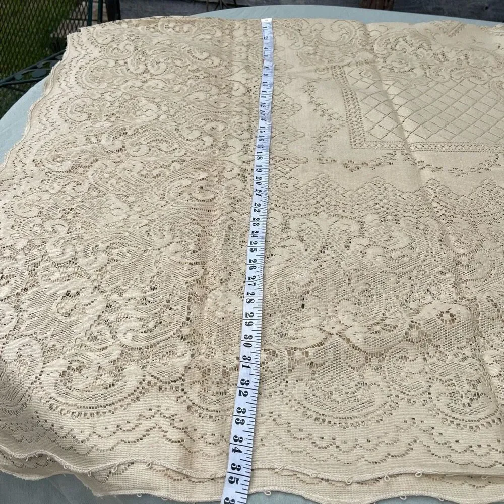 Vintage Pennicraft  cream tan colored lace table cloth rectangle 84” x 64”.